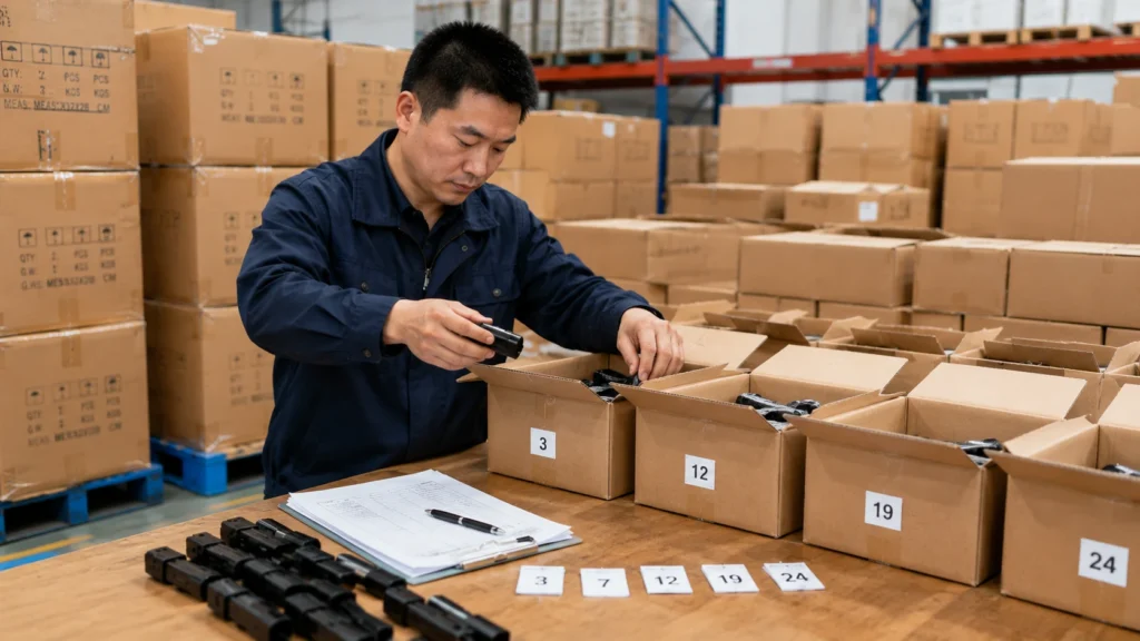 Inspector checking product quality with a measuring tool
